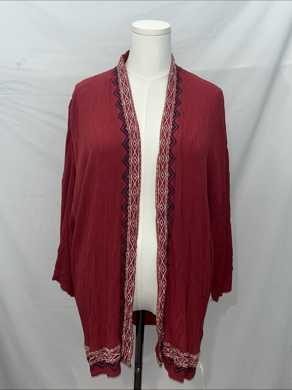 Embroidered Open-Front Cardigan in Desert Red Orange